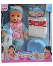 Păpușă care face pipi Raya Toys - Bonnie, cu accesorii, in albastru