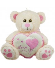 Jucărie de pluș Amek Toys - Ursuleț ecru cu inimă cu margine roz, 45 cm