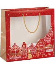 Pungă cadou Giftpack Bonnes Fêtes - Roșie, 35 cm, fereastră PVC -1