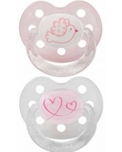 Suzete din silicon cu inel Baby Nova - mărimea 1, pasăre și inimă, 2 bucăți, roz