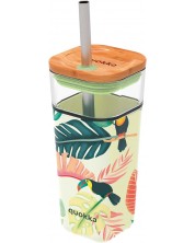 Pahar de sticlă cu pai Quokka Liquid Cube - Tropical Toucans, 540 ml  -1