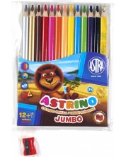 Creioane colorate  Astra - Astrino, 12 culori + ascutitoare si creion cadou