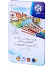 Creioane colorate Astra - acuarela, 12 bucati, in cutie metalica