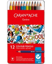 Creioane acuarela colorate Caran d'Ache School - 12 culori, cutie metalica