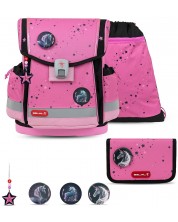 Set școlar Belmil - Pink Black, Ghiozdan, penar, sac și 3 insigne -1