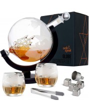 Set de whisky Oak & Steel - Globus, carafă cu 2 pahare si accesorii -1