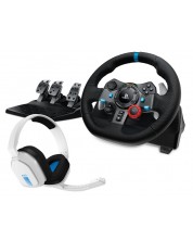 Volan cu pedale și căști Logitech - G29 Driving Force, Astro A10, PS5/PS4, albe