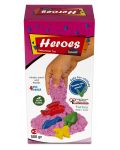 Nisip kinetic in cutie Heroes - Culoare roz, cu 4 figurine - 1t