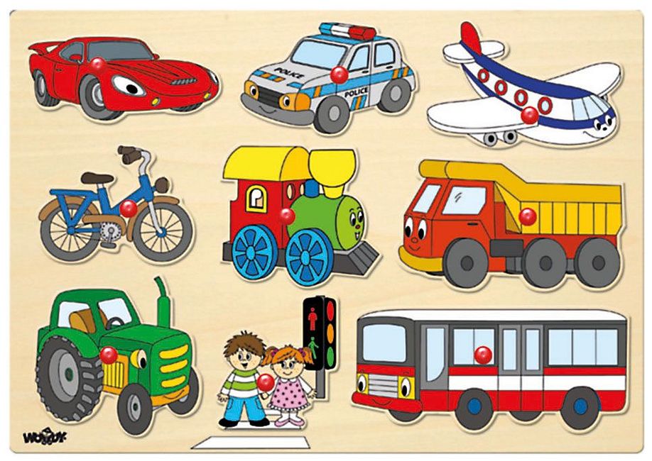 Puzzle din lemn cu manere Woody - Vehicule