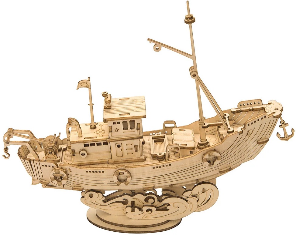 Puzzle 3D din lemn Robo Time din 104 de piese - O navă de pescuit