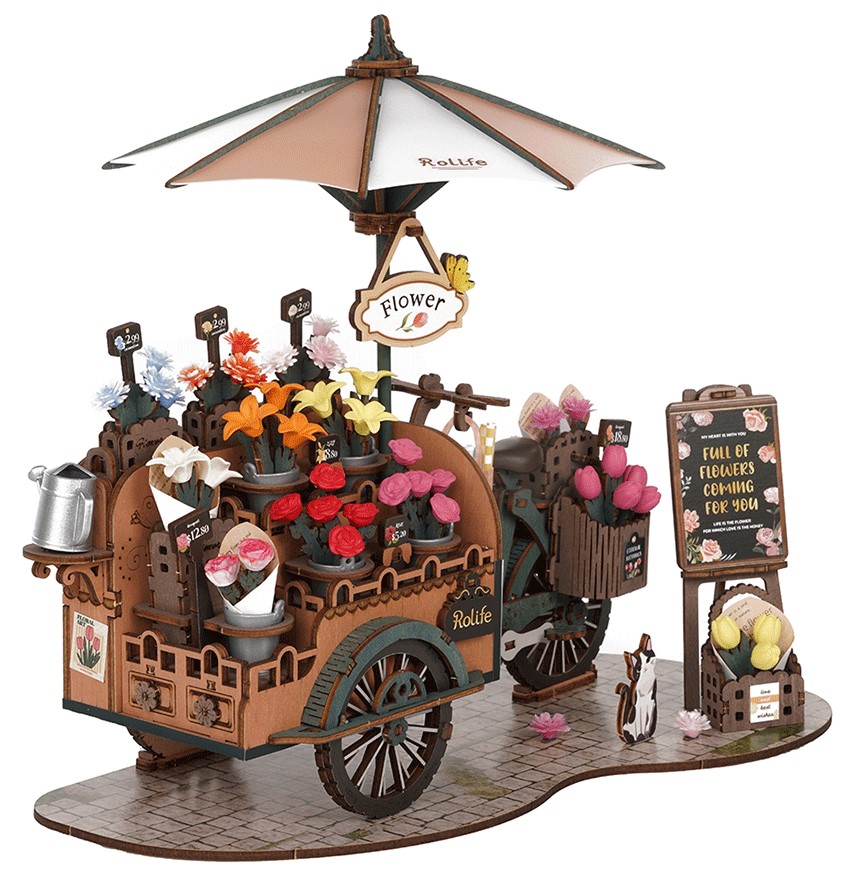 Puzzle 3D din lemn Robo Time din 187 piese - Cărucior cu flori