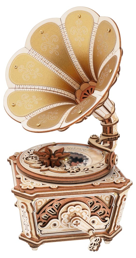 Puzzle 3D din lemn Robo Time din 200 piese - Cutie muzicală cu gramofon