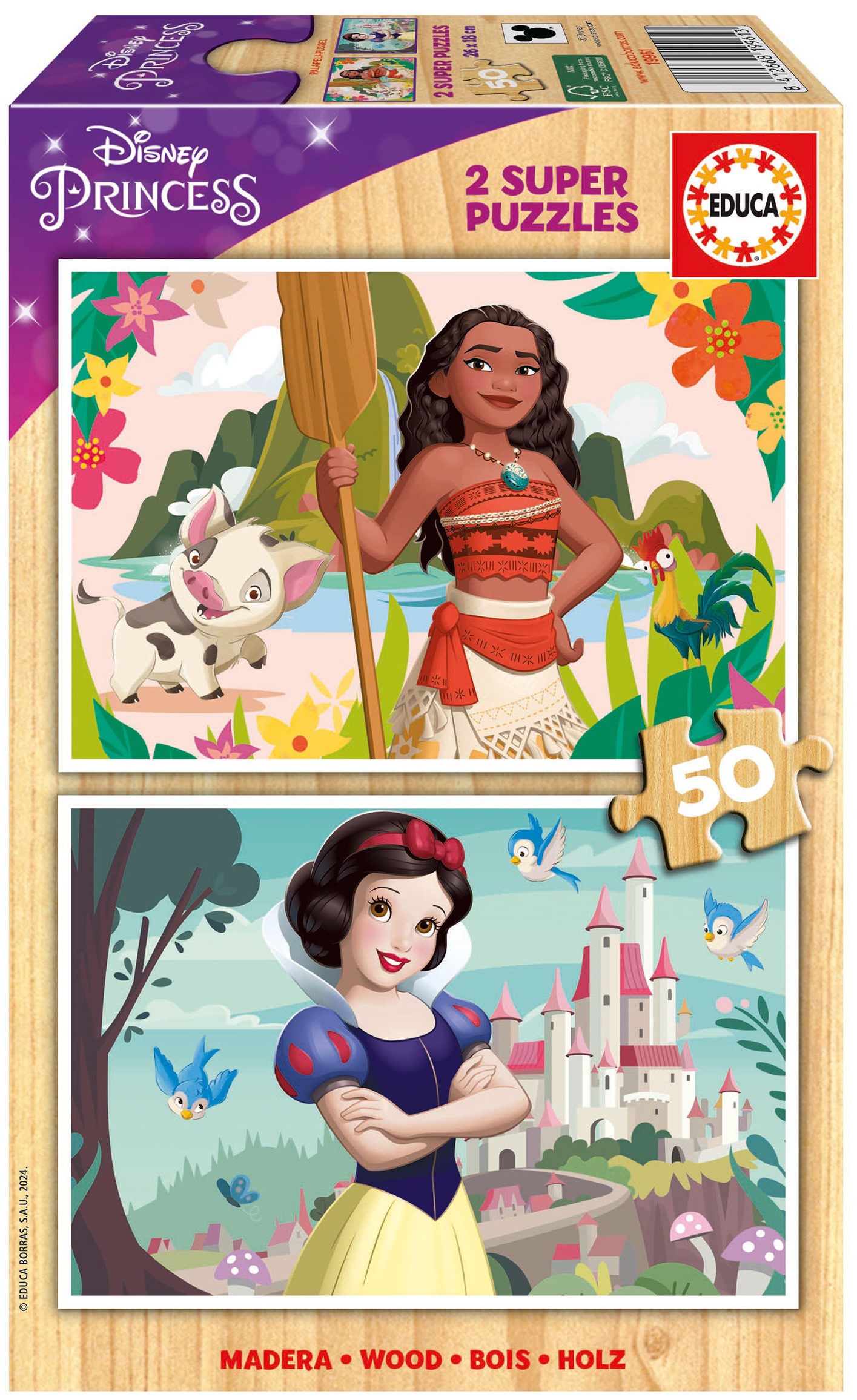 Puzzle de lemn pentru copii Educa din 2 x 50 de piese - Printesele Disney: Vaiana si Alba ca Zapada
