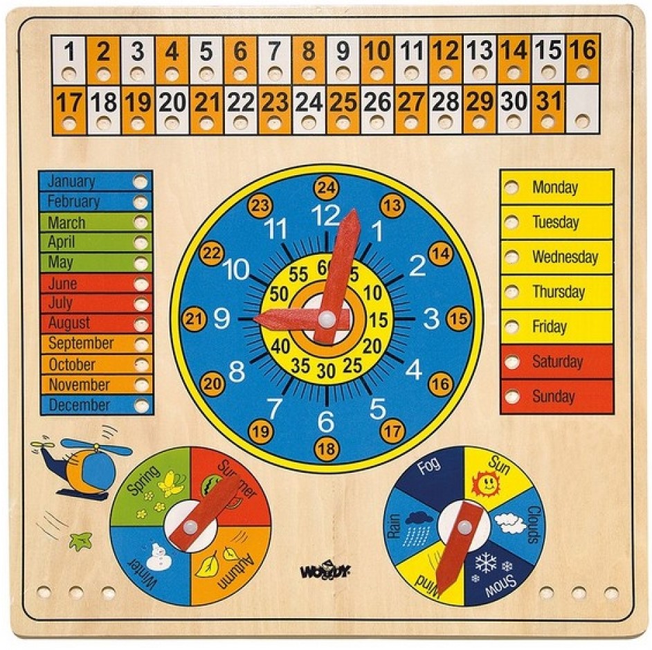 Calendar din lemn cu ceas Woody - Animale, in limba engleza