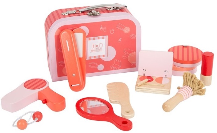 Set din lemn Small Foot - Valiza cu accesorii pentru machiaj si coafura retro