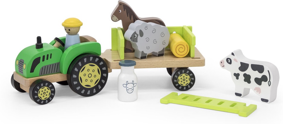 Set din lemn Viga - Tractor cu fermier și animale