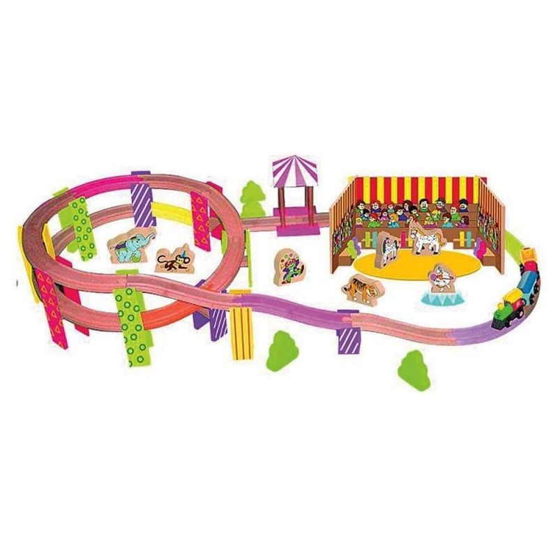Set din lemn Woody Circ - Tren cu sine si accesorii, 70 de piese