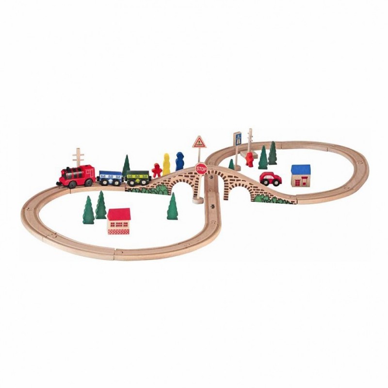Set din lemn Woody - Tren cu sine si accesorii, 40 de piese