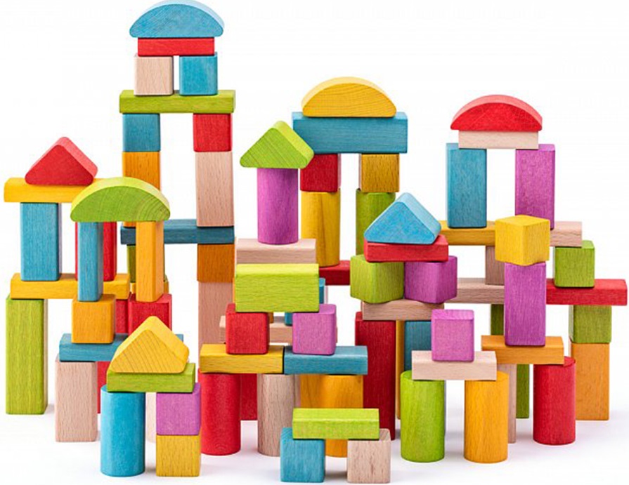 Set de constructie din lemn Woody - blocuri colorate si natural