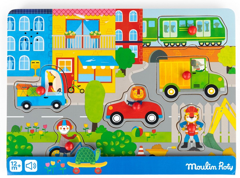 Puzzle muzical din lemn Moulin Roty din 6 piese - Vehicule