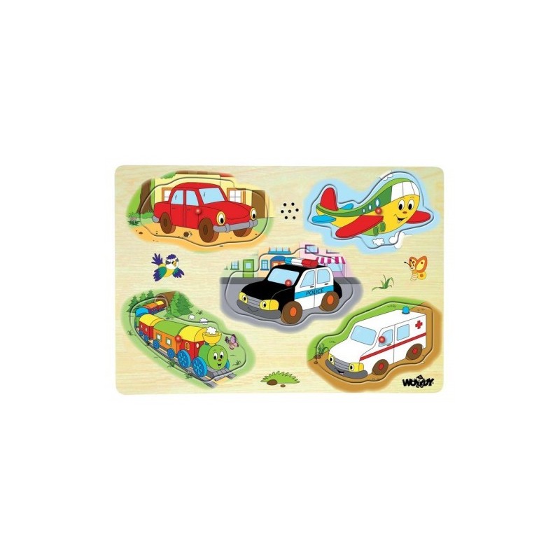 Puzzle muzical din lemn cu manere Woody - Vehicule