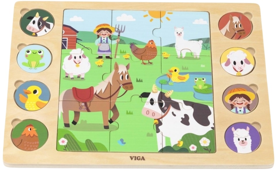 Puzzle educațional din lemn Viga Toys - Fermă cu animale