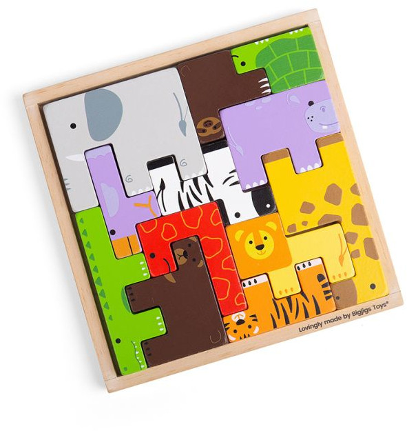 Puzzle din lemn Bigjigs – Tangram cu animale, 12 piese