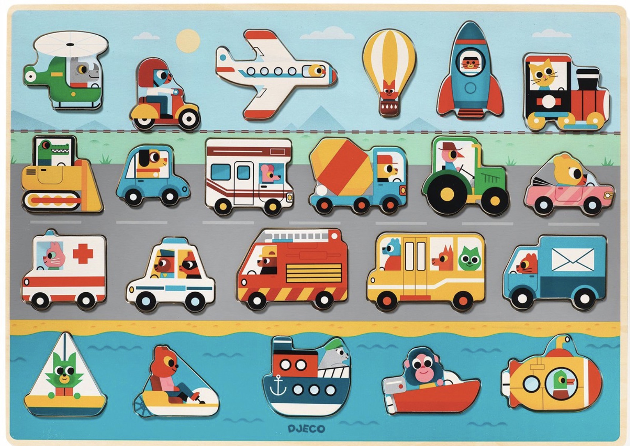 Puzzle din lemn Djeco - Vehicule, 22 piese