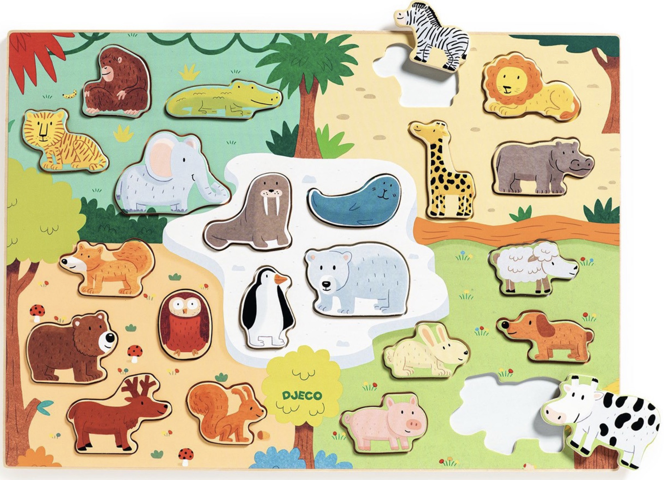 Puzzle din lemn Djeco - Animale din întreaga lume, 22 piese