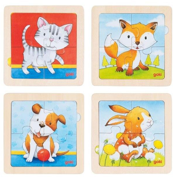 Puzzle din lemn Goki - Animăluțe bebeluși, 4 piese, sortiment
