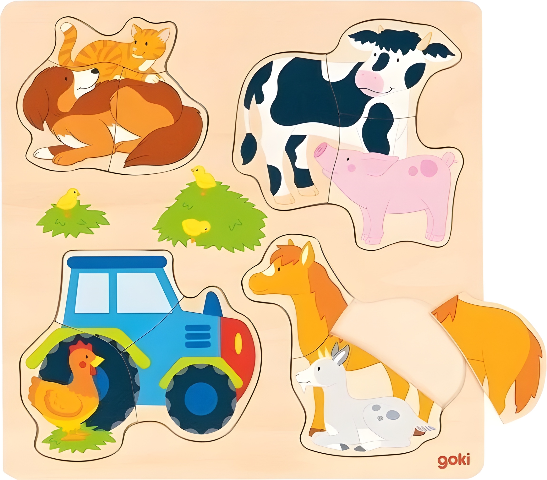 Puzzle din lemn Goki - Animale de fermă, 12 piese