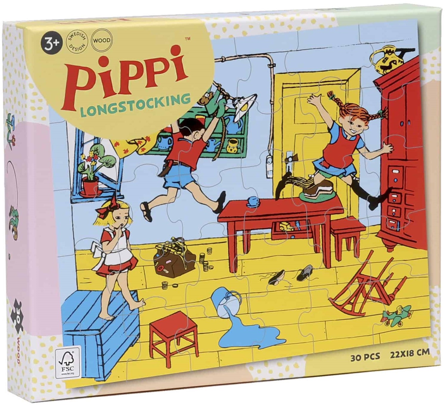 Puzzle din lemn Pippi - Pippi, Tommy și Annika se distrează, 30 piese