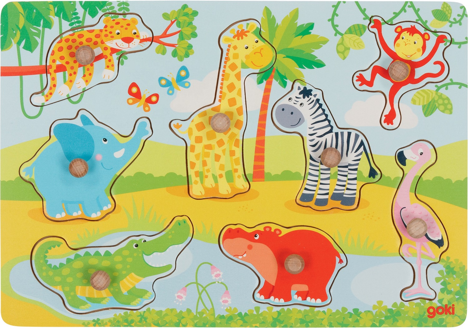 Puzzle din lemn cu mânere Goki - animale africane pentru copii, 8 piese