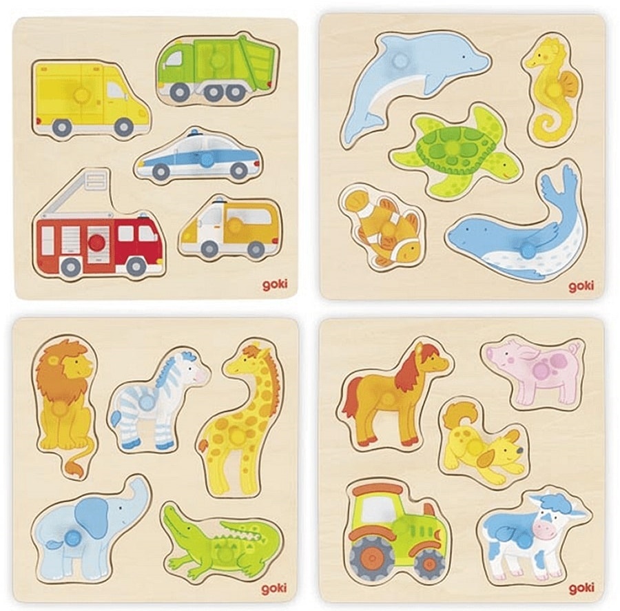 Puzzle din lemn  cu mânere Goki - Sortiment