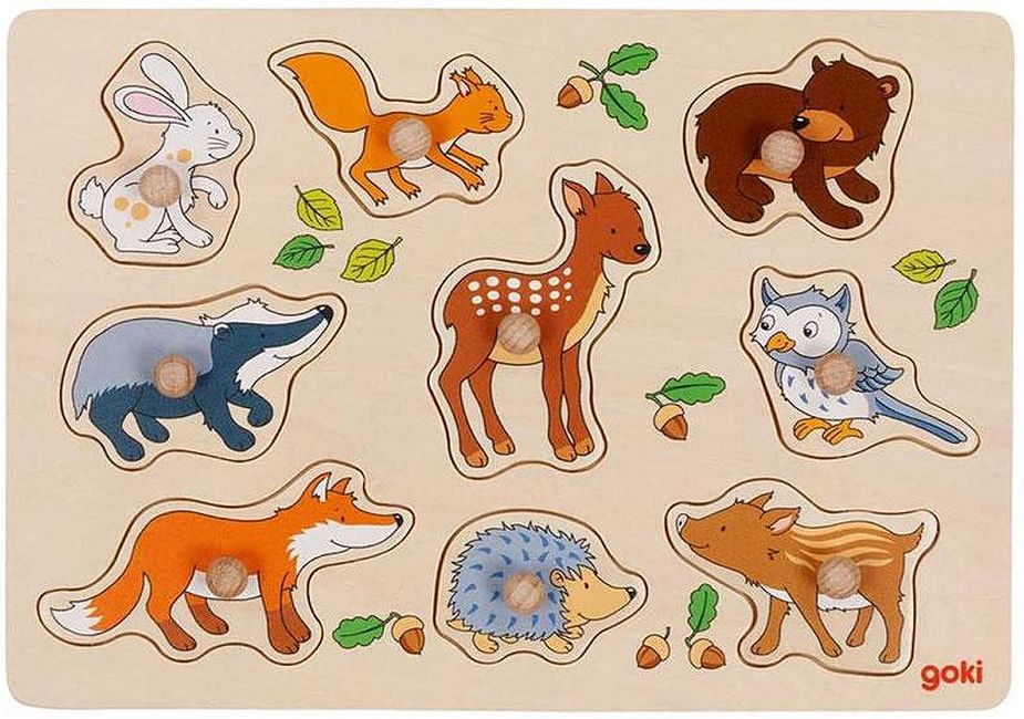Puzzle din lemn cu manere Goki - Animale de padure