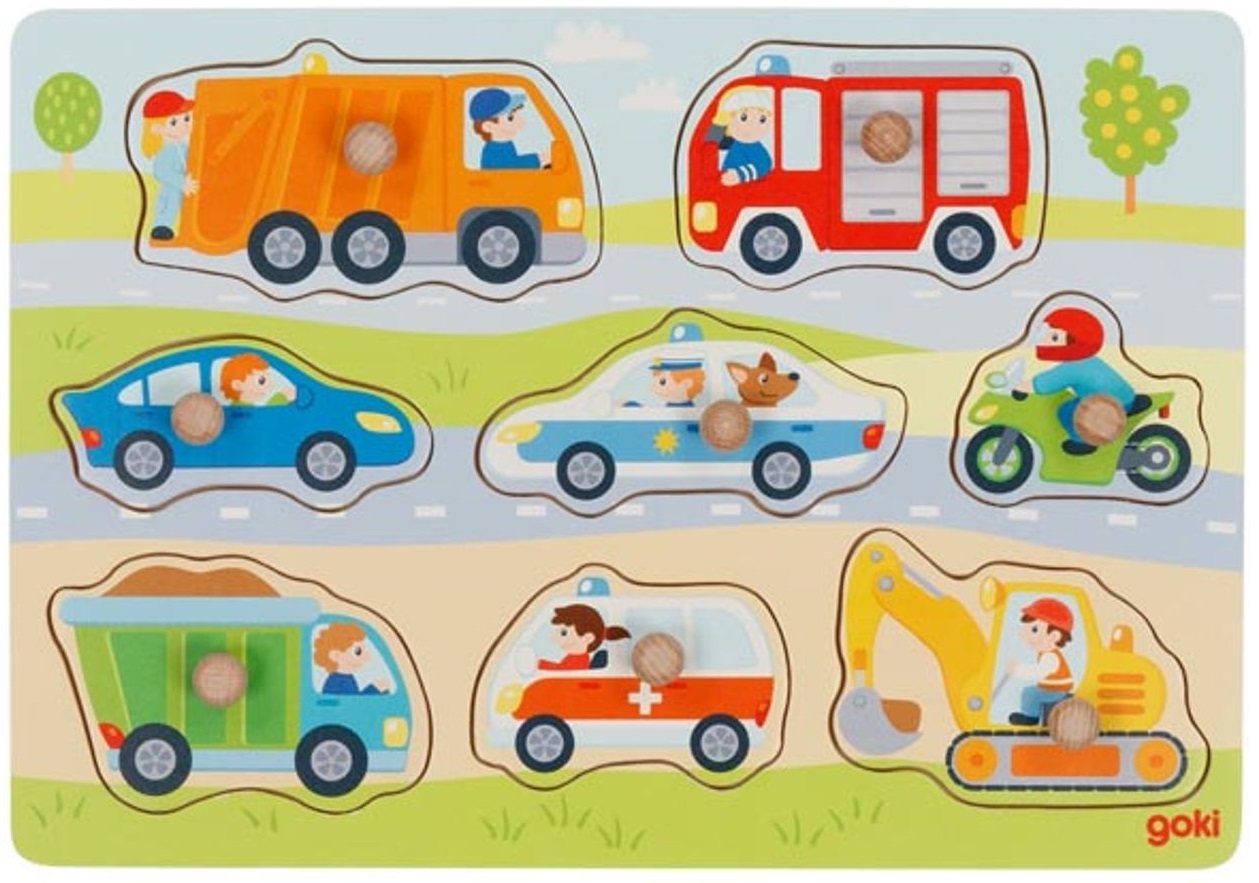 Puzzle din lemn cu maner Goki - Vehicule
