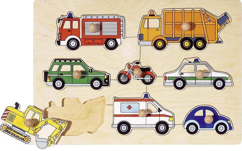 Puzzle din lemn cu mânere Goki - Vehicule