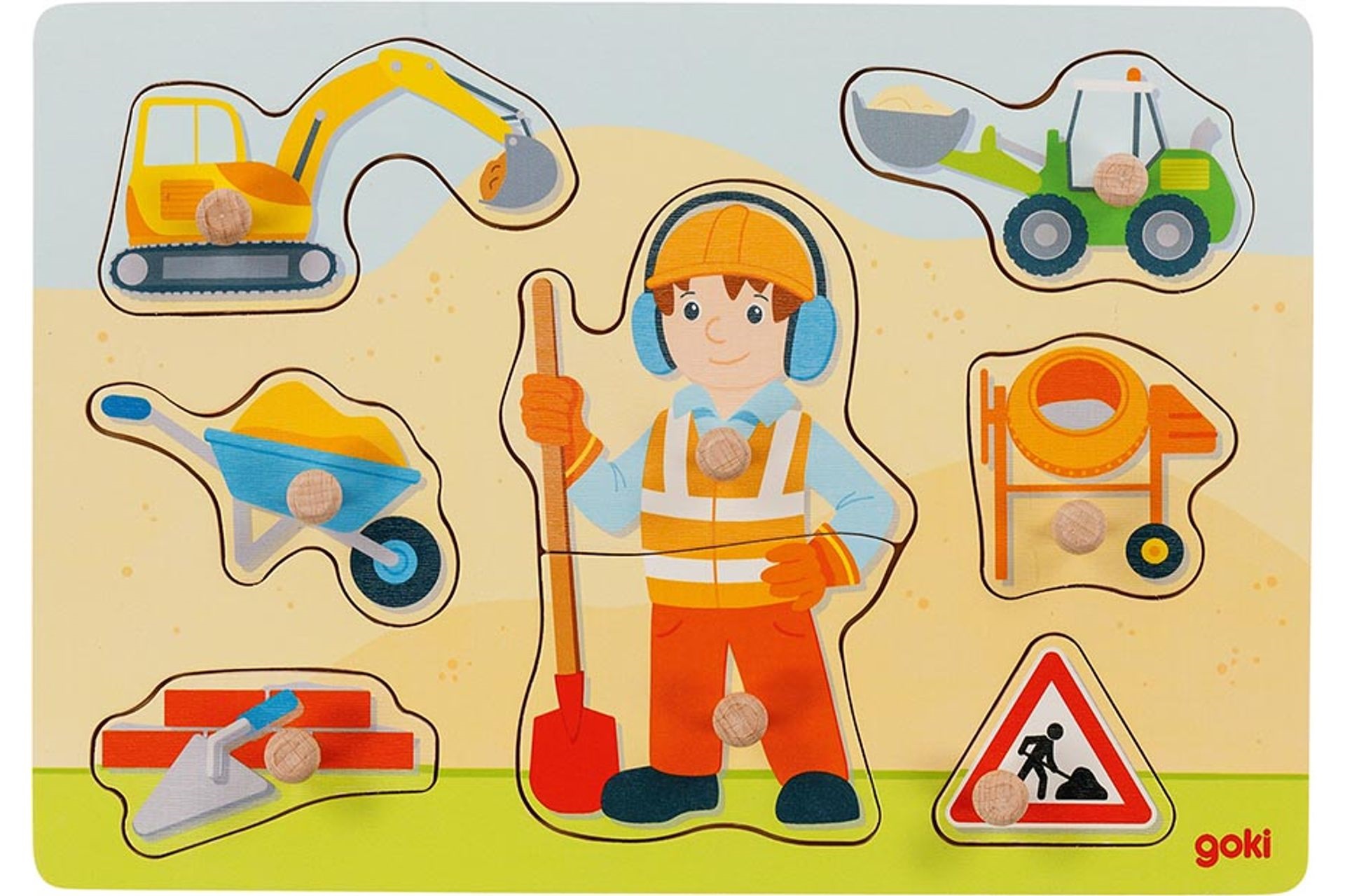 Puzzle din lemn cu maner Goki - Constructor