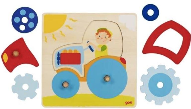Puzzle din lemn cu manere Goki - Tractor