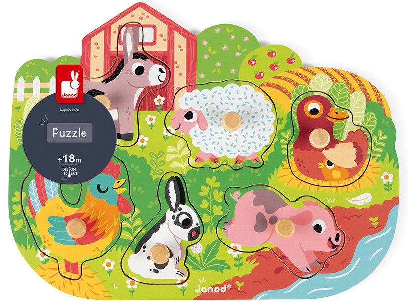 Puzzle din lemn cu mânere Janod - Animale de fermă