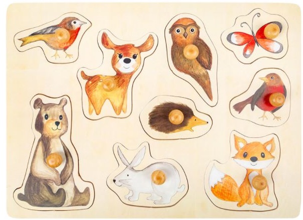 Puzzle din lemn, cu manere Small Foot - Animale din padure, 9 piese