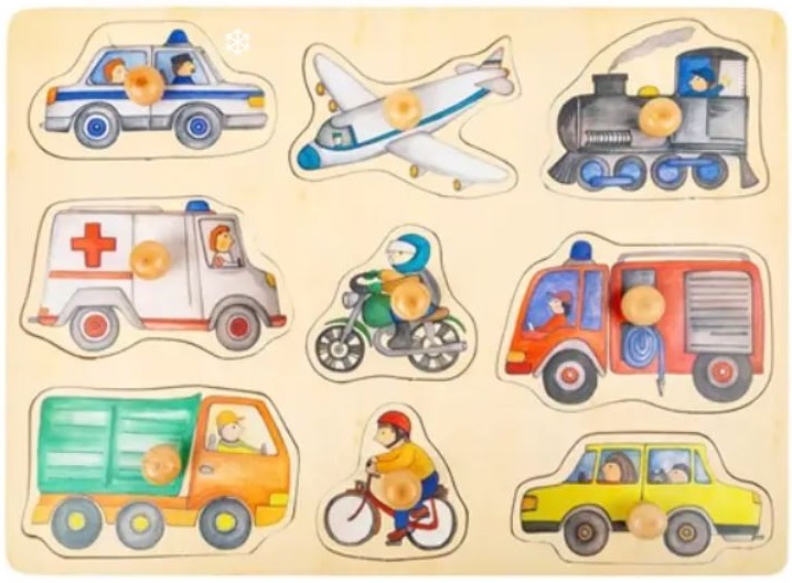 Puzzle din lemn cu manere Small Foot - Vehicule, 9 piese