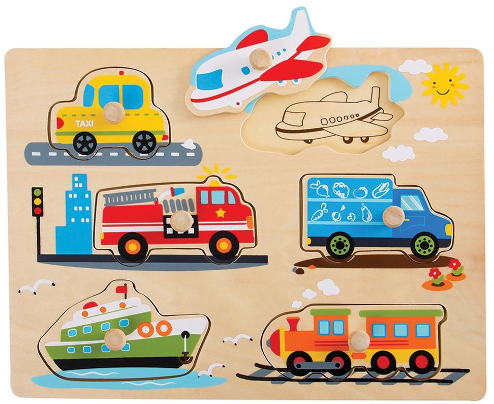 Puzzle din lemn cu mâner Tooky Toy - Vehicule de transport