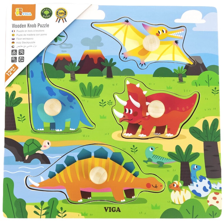Puzzle din lemn  cu mânere Viga - Dinozaurii