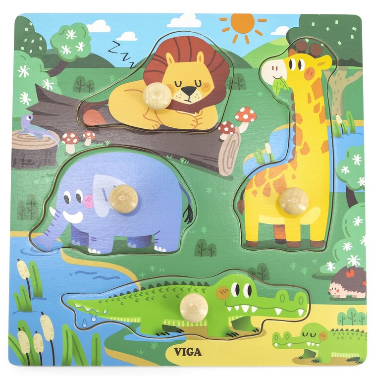 Puzzle din lemn  cu mânere Viga - Animale sălbatice
