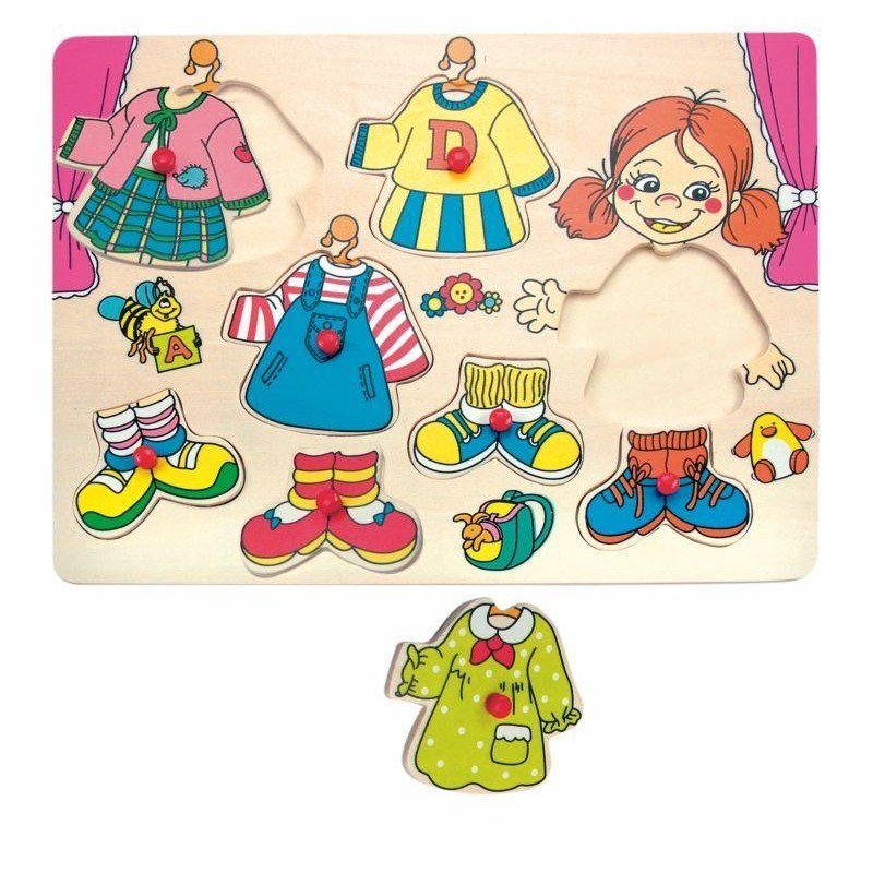 Puzzle din lemn cu manere Woody - Imbrac-o pe Carolina