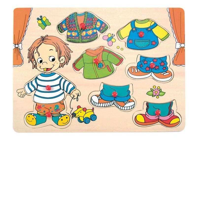 Puzzle din lemn cu manere Woody - Imbraca-l pe Sebastian