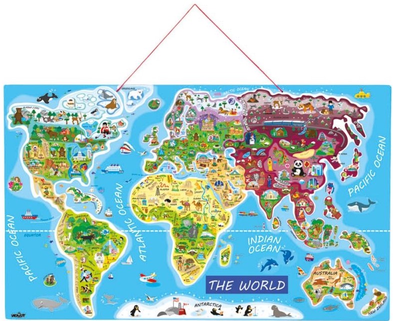 Puzzle din lemn cu piese magnetice Woody - Harta lumii, 2 in 1