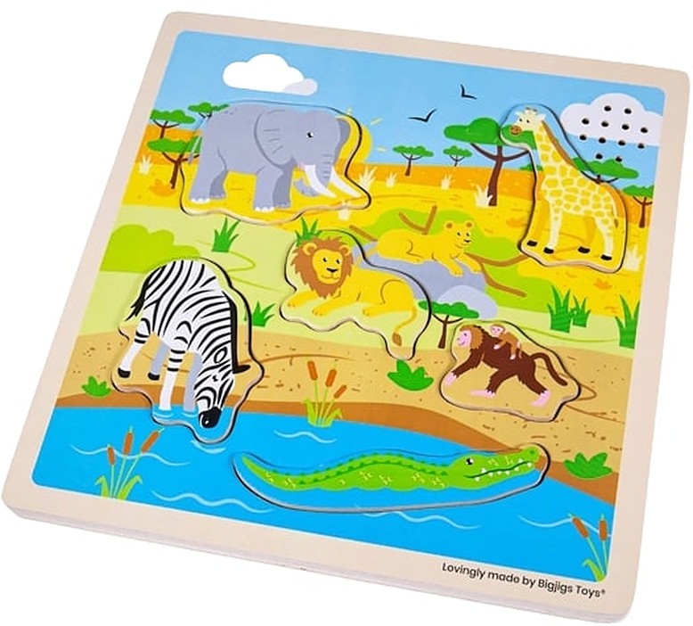 Puzzle din lemn cu sunete Bigjigs - Safari, 6 piese