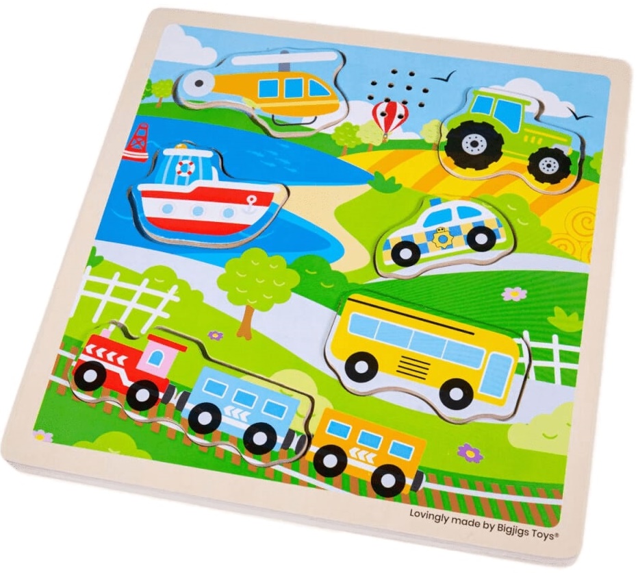 Puzzle din lemn cu sunete Bigjigs - Transport, 6 piese